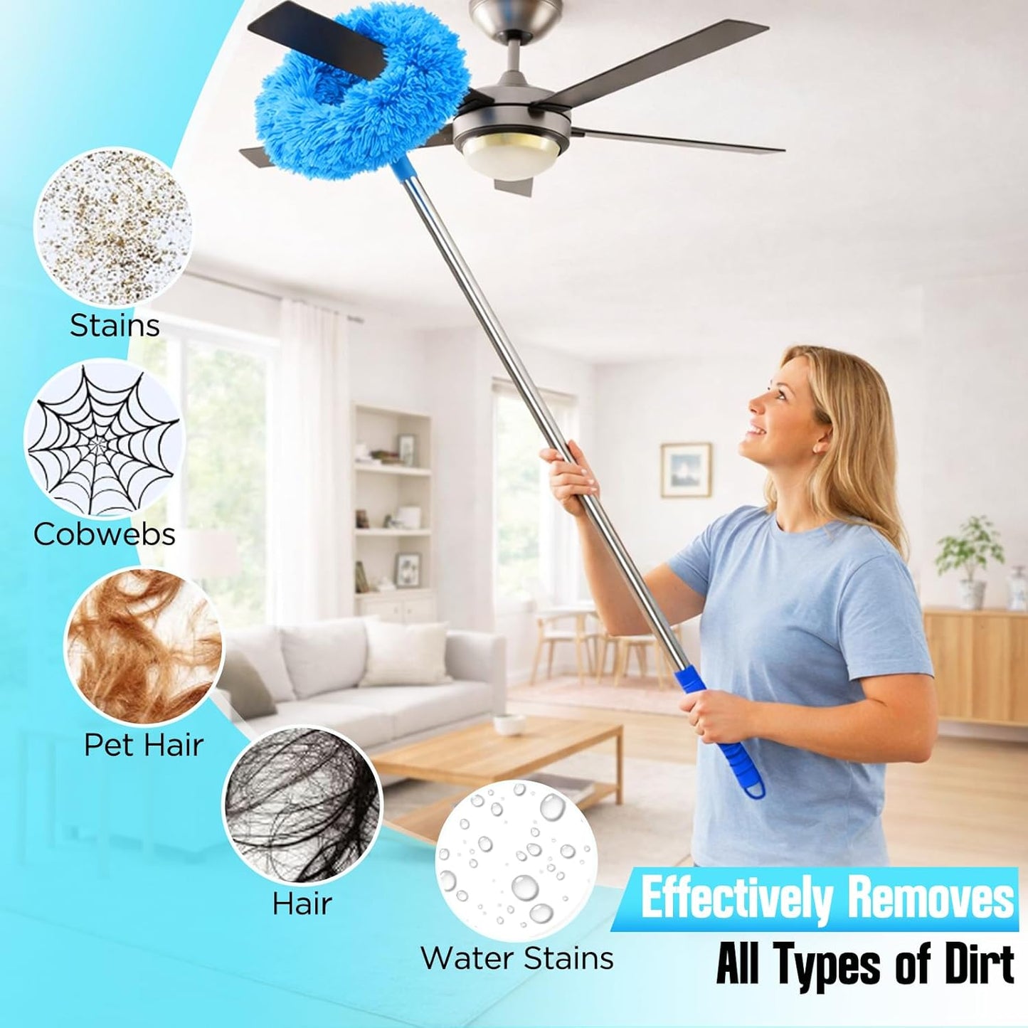 Ceiling Fan Cleaner Duster with Extension Pol, 12 to 51 Inch Duster Length, Reusable Microfiber Dusters for Cleaning Fan Blades, Cobwebs, Walls, Windows & High Ceilings, Removable, Blue
