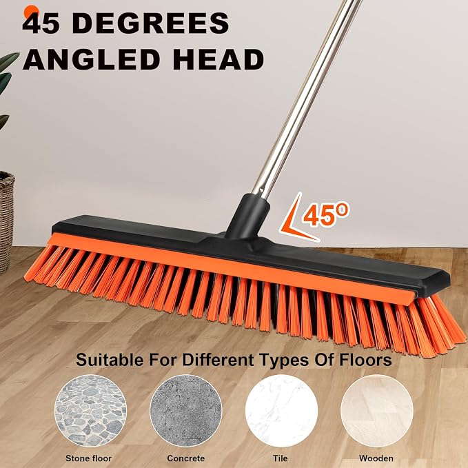 18" Push Broom Outdoor with Rubber Squeegee, Heavy Duty Broom Brush with Handle - Image 3