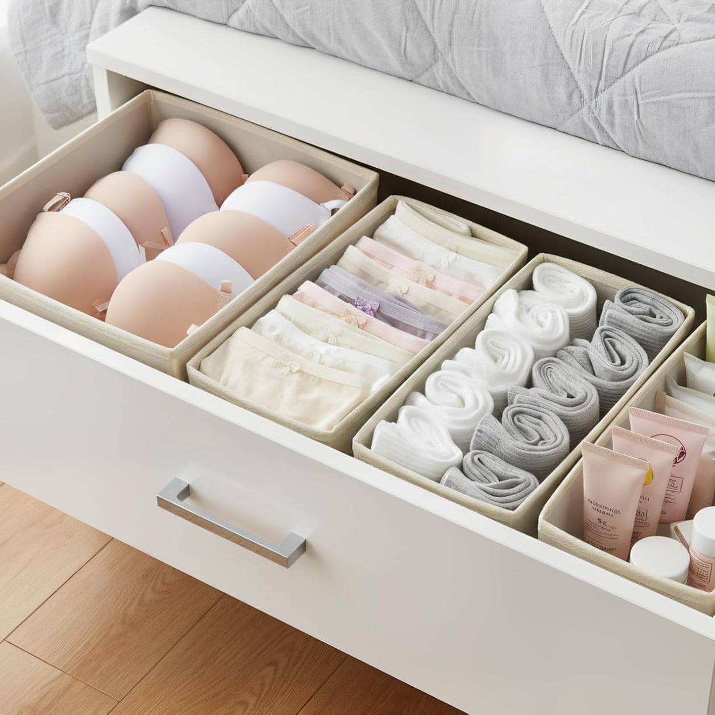 Drawer Organizer Set 6 Pack - Foldable Fabric Storage Bins with Zipper Bottom for Underwear Socks Bras Baby Clothes - Closet Dresser Organizers Dividers for Bedroom Nursery, Beige
