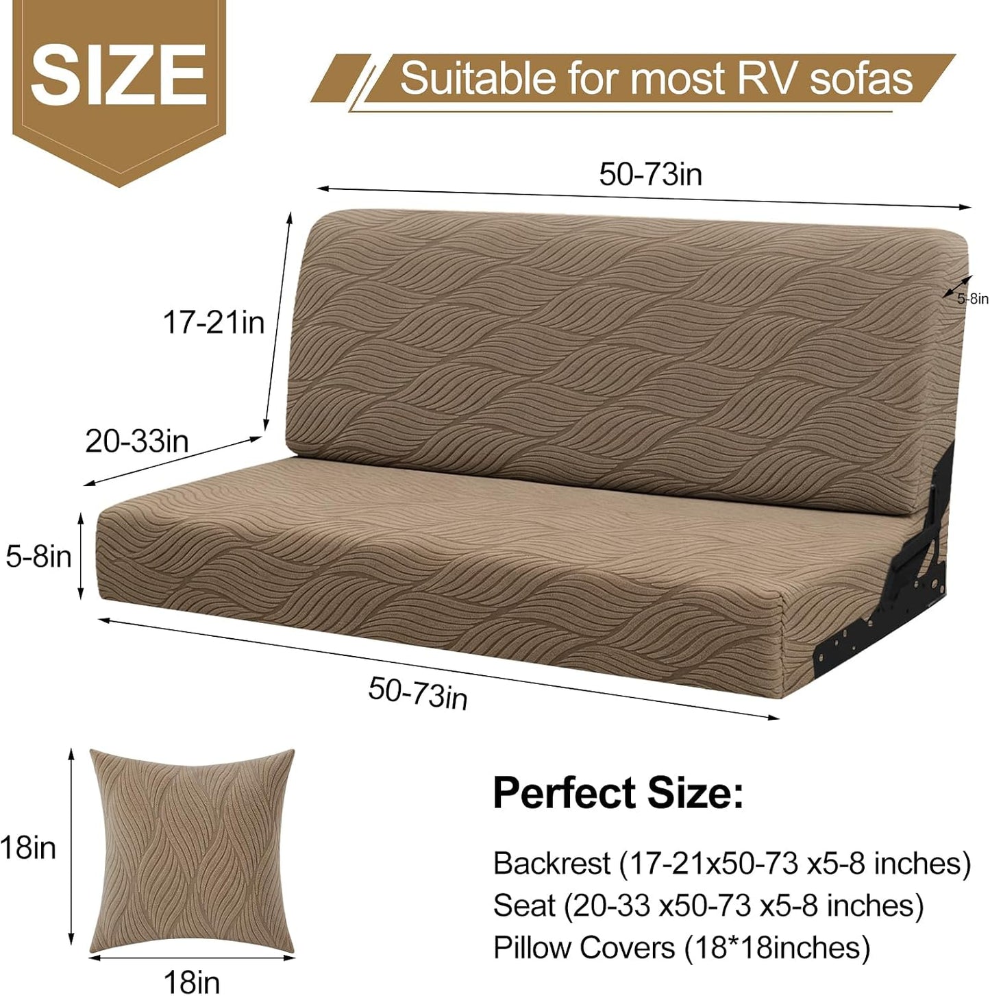 RV Couch Covers for Sofa Bed with 2 Pillow Covers, 2-Piece Backrest and Seat Slip Covers, for Jackknife Sofa, RV Furniture Cover (Brown)