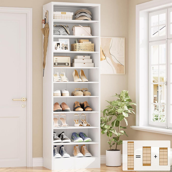 Aheaplus 10 Tiers Narrow Wood Shoe Rack, Tall Shoe Storage Cabinet, White
