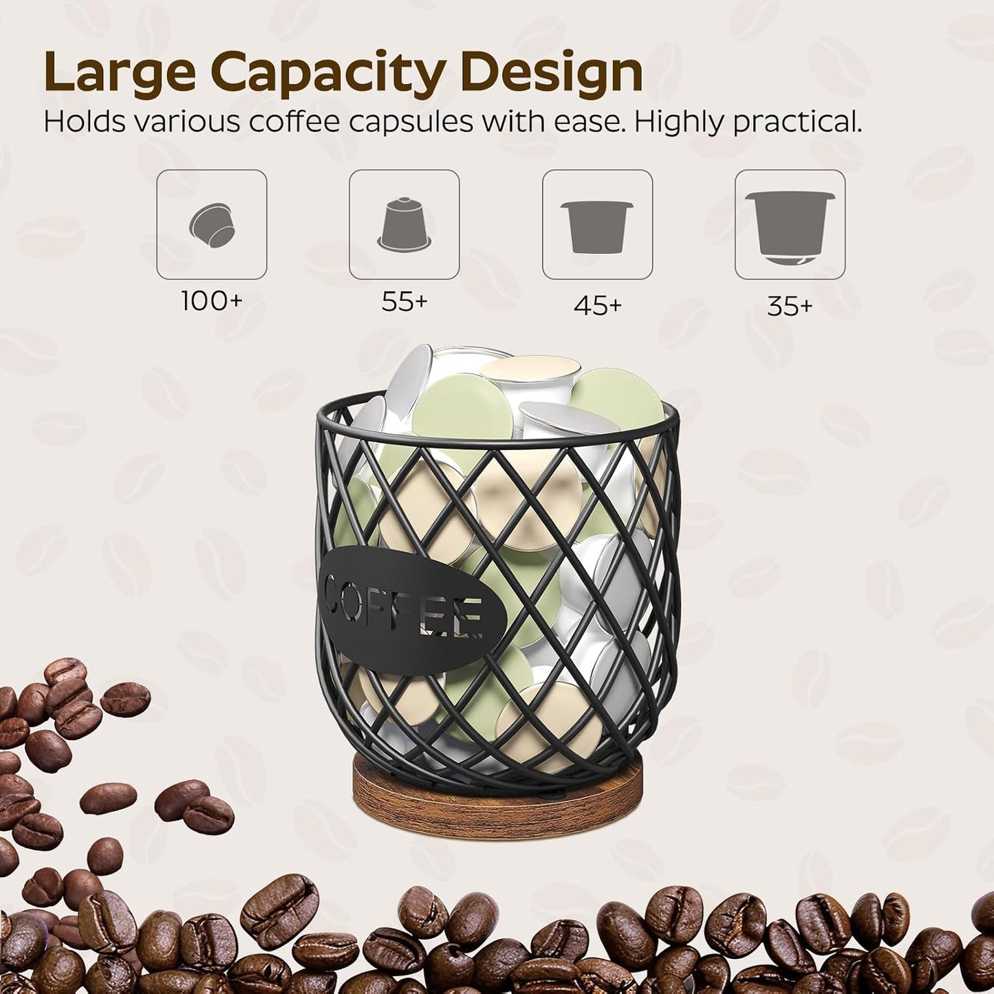 Coffee Pod Holder Organizer, Holder for K Cup, Large Capacity Coffee Pod Basket, Versatile Coffee Capsule Storage Organizer, for Kitchen Countertop, Rustic Brown KH09BR
