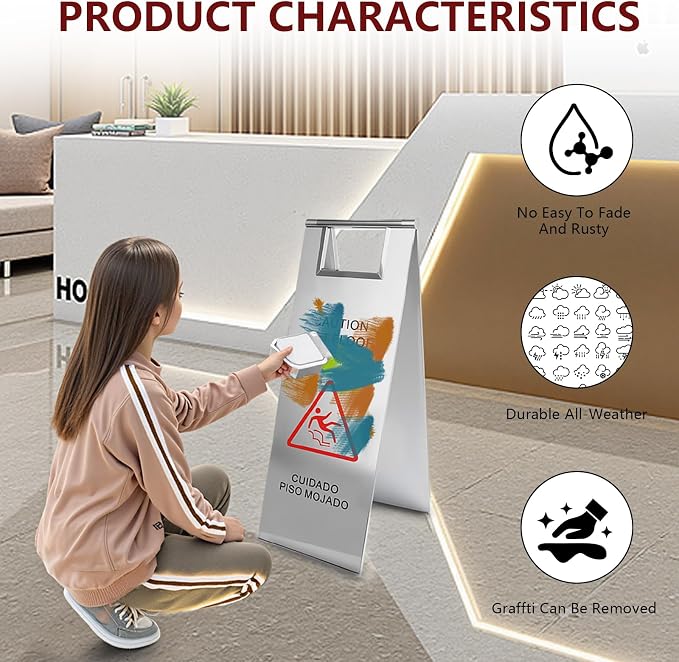 4 Pcs Stainless Steel Wet Floor Caution Sign, 24 Inch Portable Handle Bilingual - Image 2