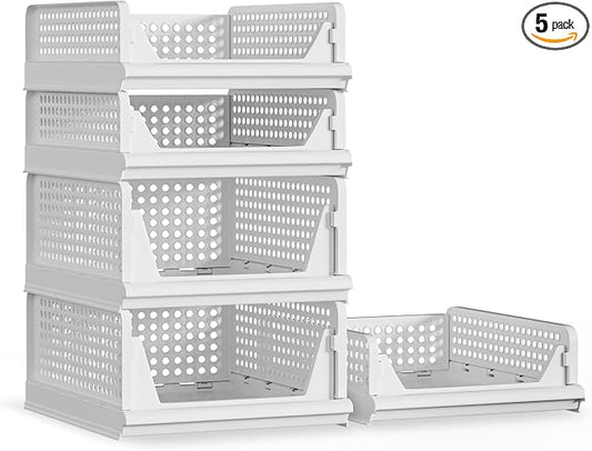 Proarea 5 Pack Stackable Plastic Storage Basket Closet Organizer Bin Foldable by Proarea