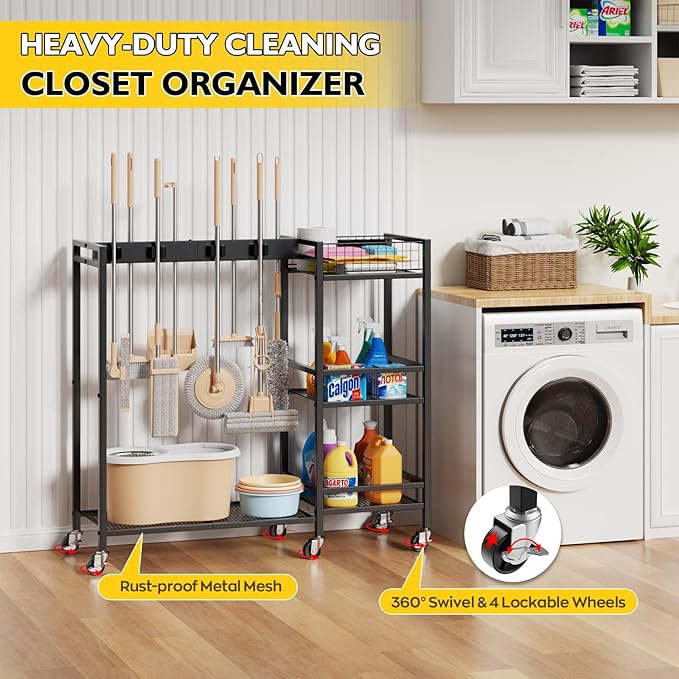 Broom Holder with Cleaning Supplies Organizer, Movable Broom Closet Storage - Image 6
