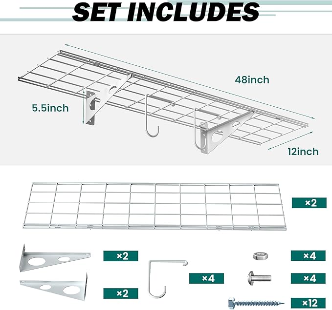 EVERHANGER Garage Wall Shelves, 12 X 48 Inch Wall Mounted Storage Shelves - Image 2