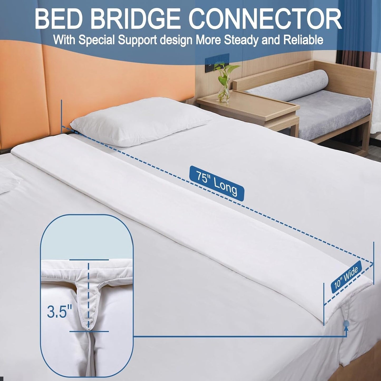 Vekkia Split King Gap Filler for Adjustable Bed,Twin to King Bed Converter Kit,Bed Bridge Twin to King,Mattress Connector with Washable Cover,for Guests Stayovers,Family Room(75in×10in)