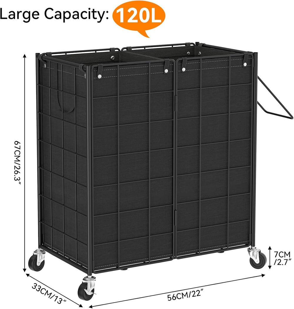WOWLIVE Double Laundry Hamper with Wheels, Metal Rolling Laundry Basket
