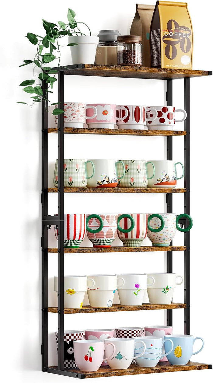 2-in-1 Coffee Cup Holder Wall Mounted, 6-Tier Wood Mug Holder Wall Mount with Display, Coffee Mug Shelf for Coffee Station & Kitchen, Rustic Brown