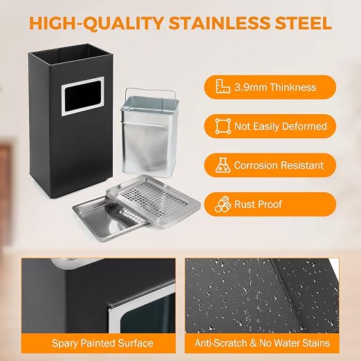 BEAMNOVA Trash Can Indoor Outdoor Black Stainless Steel Commercial Garbage Can - Image 2