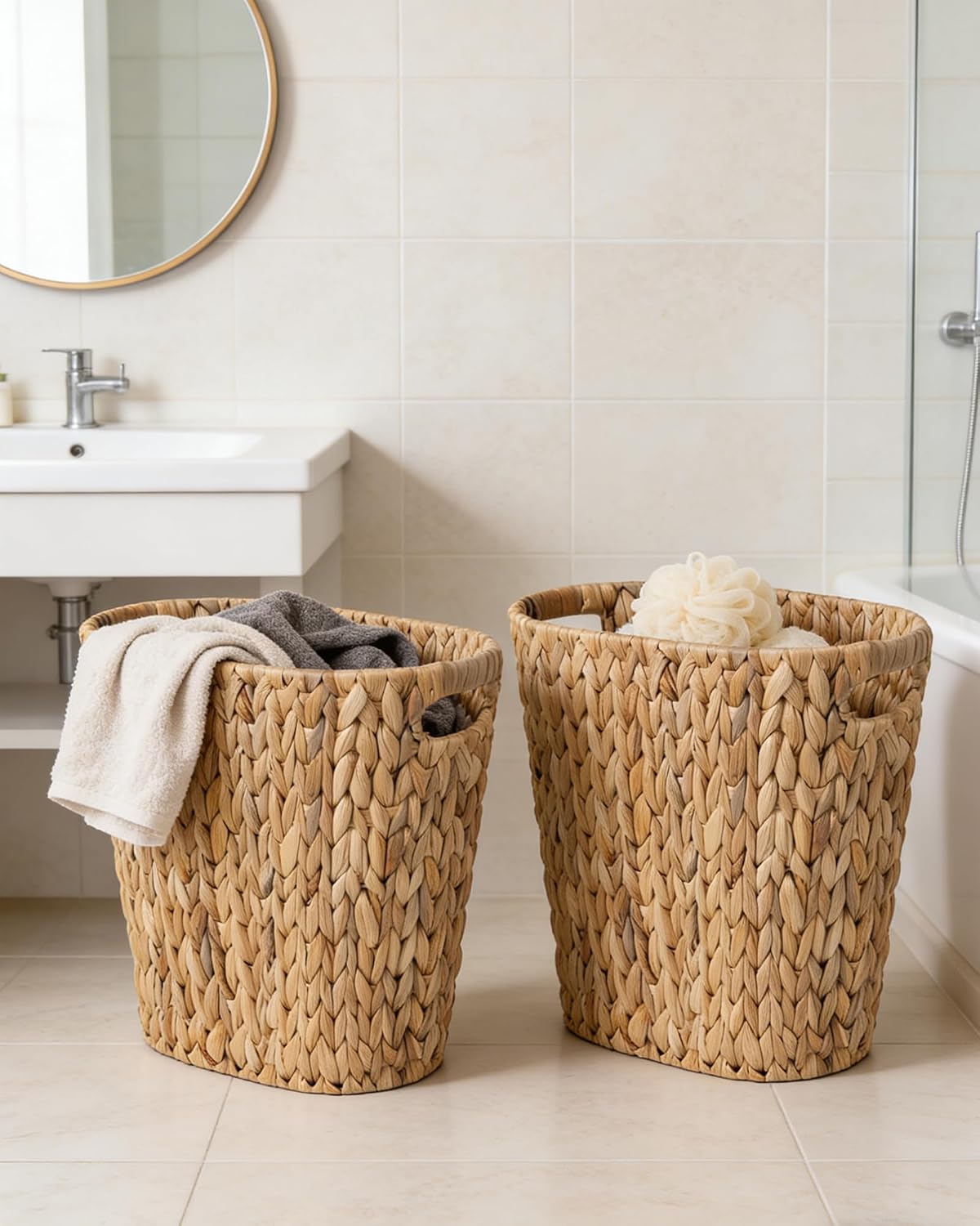 2-Pack Slim Water Hyacinth Trash Can Wicker Waste Basket with Handles | Handwoven water hyacinth over an iron frame with wood handles. Slim oval shape fits bathrooms & offices. Rustic boho decor