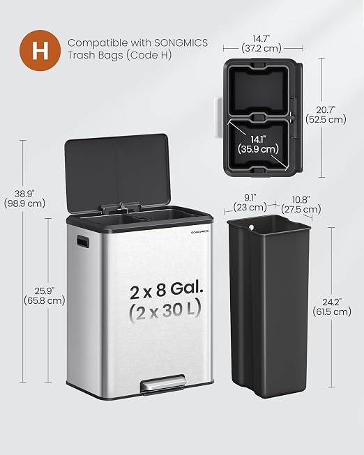 SONGMICS Trash Can, 2 x 8 Gallon Double Garabge Can - Image 6