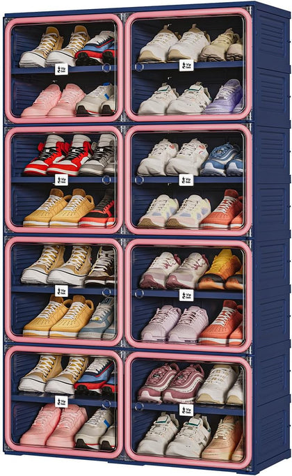 Vipbox No-Assembly Shoe Organizer, Foldable Shoe Storage Cabinet with Reinforced Framed Doors, 8-Tier Integrated Shoe Box, Modern Blue & Pink Space-Saving Shoe Rack for Closet & Entryway, Size 12