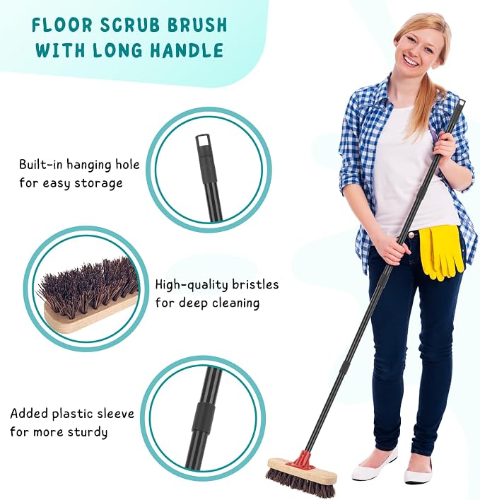 Deck Brush with Long Handle, Bathroom Cleaning, Outdoor Floor Scrubber - Image 3