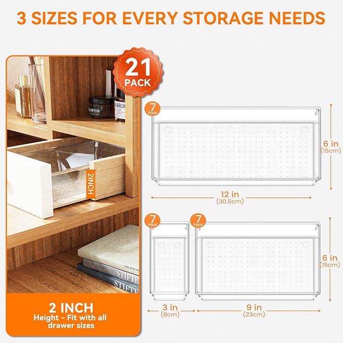 Criusia 21 Pack Large Clear Plastic Drawer Organizer Trays | BPA-Free Acrylic - Image 2