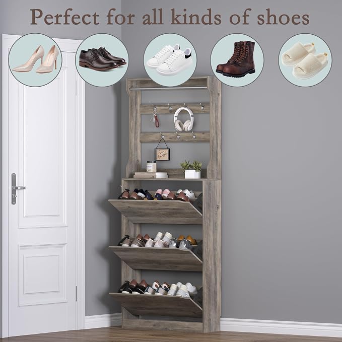 Shoe Cabinet with 3 Flip Drawers & Coat Rack, Narrow Hidden Shoe Storage Cabinet - Image 4