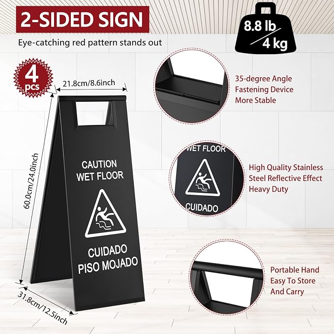 LEIFIDE 4 Pcs Stainless Steel Wet Floor Caution Sign Bulk 8.8 Pound Portable - Image 2