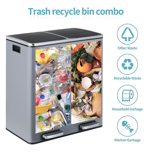 16 Gallon Rectangular Stainless Steel Trash Can, Dual Compartment Garbage Bin - Image 3