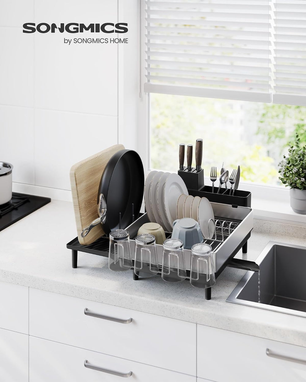 SONGMICS Dish Drying Rack, Expandable Stainless Steel, with Rotatable Spout