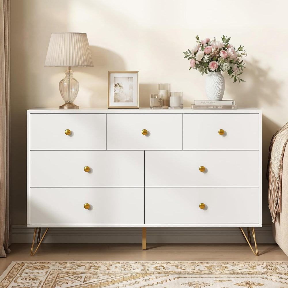 Tradare White Dresser for Bedroom, Modern 7 Drawer Dresser with Gold Handles ...