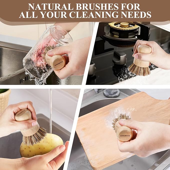 Bamboo Dish Brush Set, 4 Pack Kitchen Palm Pot Brush - Image 5