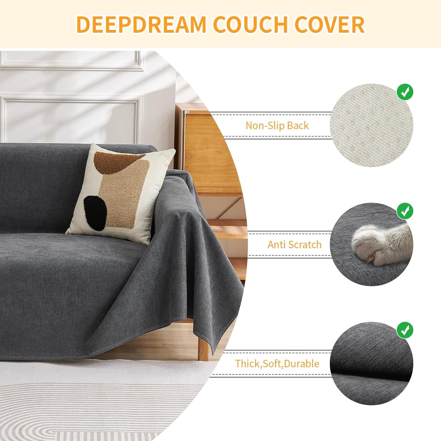 Deep Dream Cat-Scratch Resistant Couch Cover, Waterproof Sofa Cover for 3 Cushion Couch Washable, Pet Friendly Couch Protectors Anti Slip Thickened Love Seat Slipcovers for Pets, 71" x 118", Dark Grey