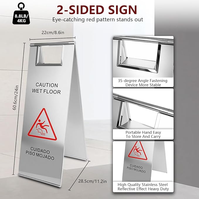 4 Pcs Stainless Steel Wet Floor Caution Sign, 24 Inch Portable Handle Bilingual - Image 3