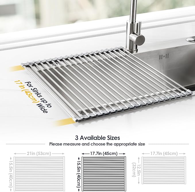 Tomorotec Stainless Steel Roll-Up Dish Drying Rack Marble Color Silicone Edges - Image 4