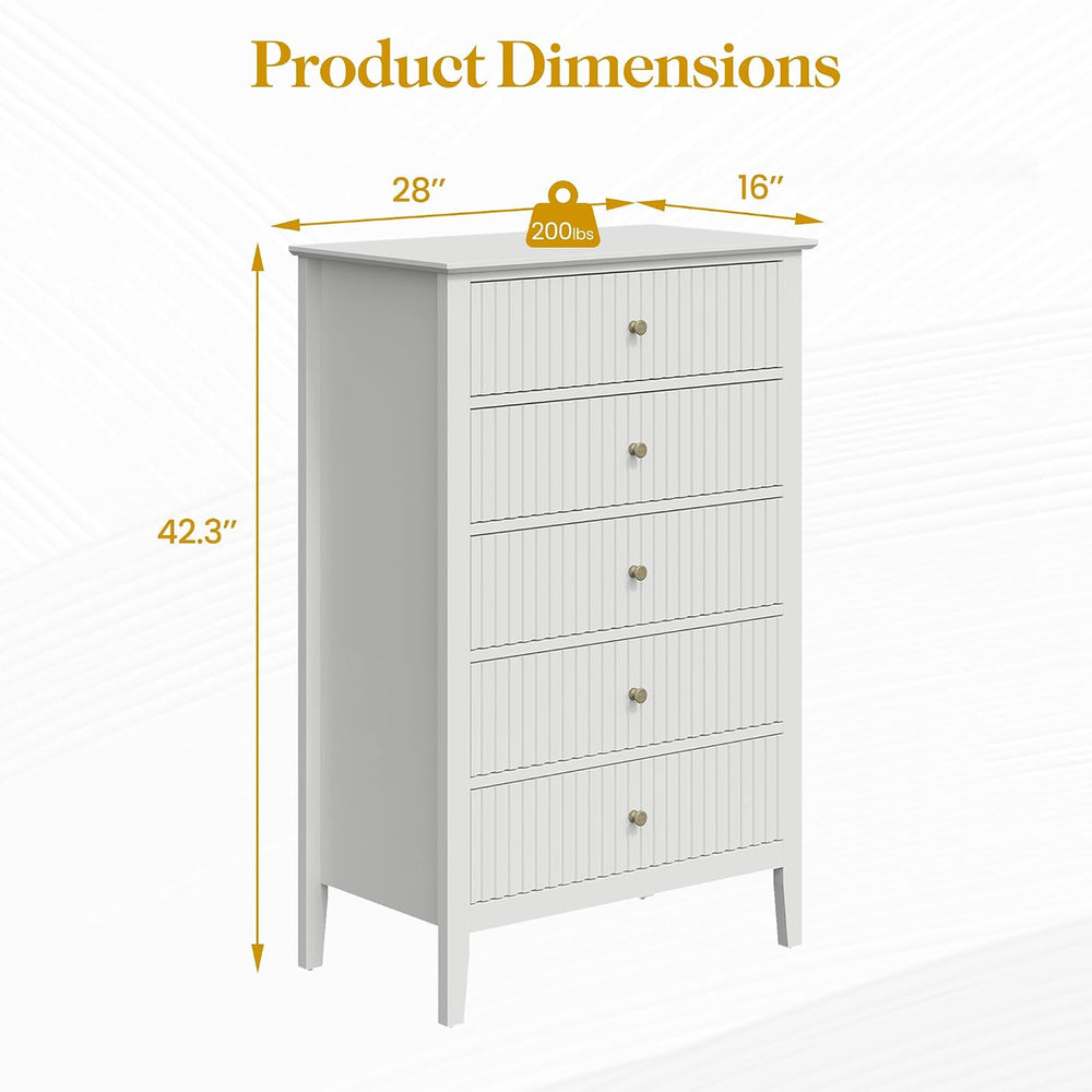 RoyalCraft White Fluted 5 Drawer Dresser for Bedroom, Tall Chest of Drawers, ...