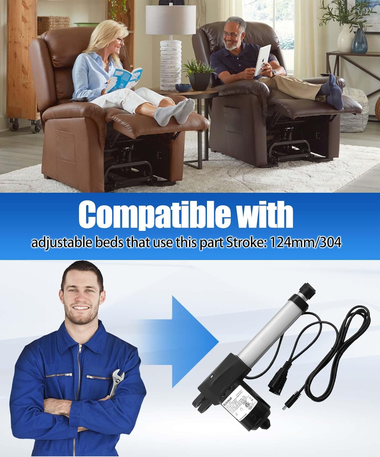 HJA35 Adjustable Bed Actuator Replacement Parts Fits for Ritchmate Remote System,Electric Sofa Lift Chairs Power Recliner