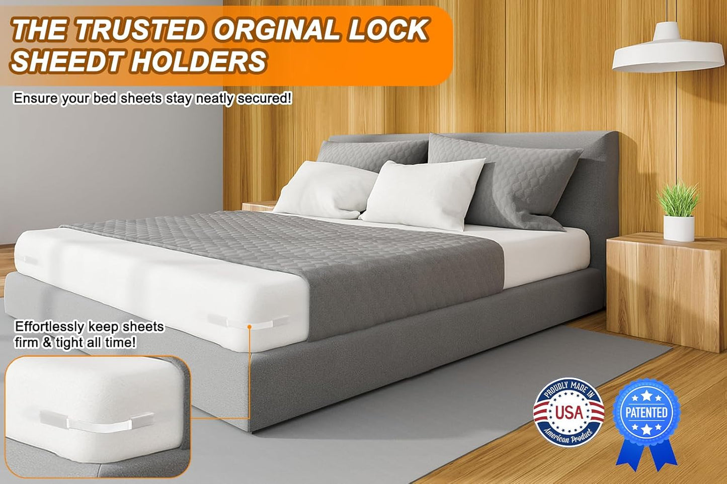 Lock Bed Sheet Holders with Anti-Slip Pads for Corners, 4Pcs Secure Bed Sheets Firmly in Place, Heavy Duty Bed Sheet Holder Straps for No More Loose Sheets, Easy Installation for All Mattress (Gray)