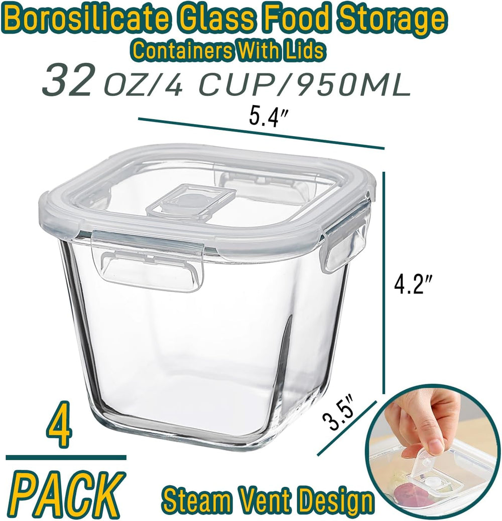 Borosilicate Glass Food Storage Containers With Lids，4 Cup/32 Oz, 4 Pack