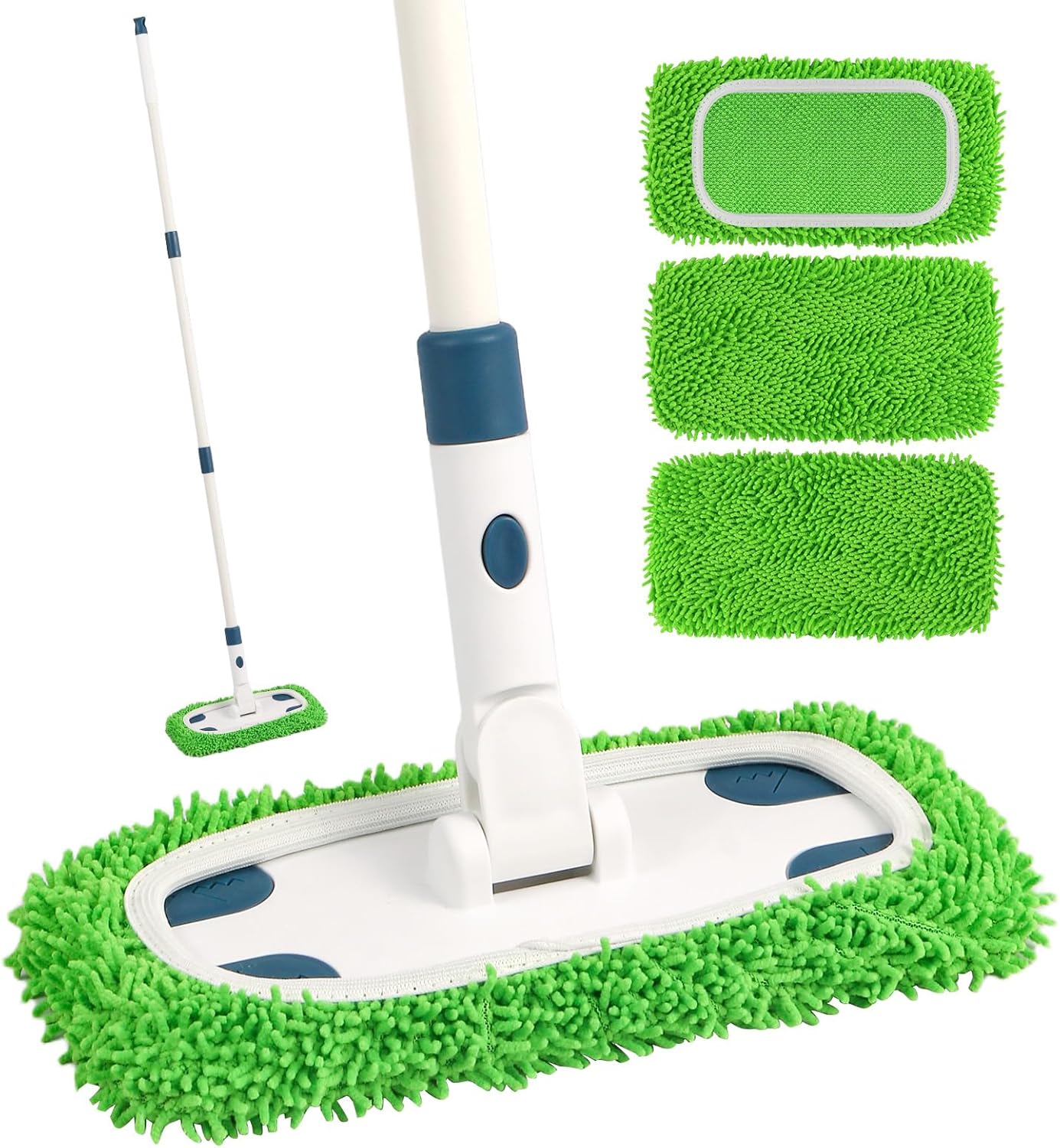 Reusable Microfiber Floor Mop System, Wet & Dry Sweeper Kit, Includes 1 Sweeper Handle, 3 Washable Chenille Mop Pads, Dry & Wet Use for Hardwood, Tile, and Laminate Floor, Blue