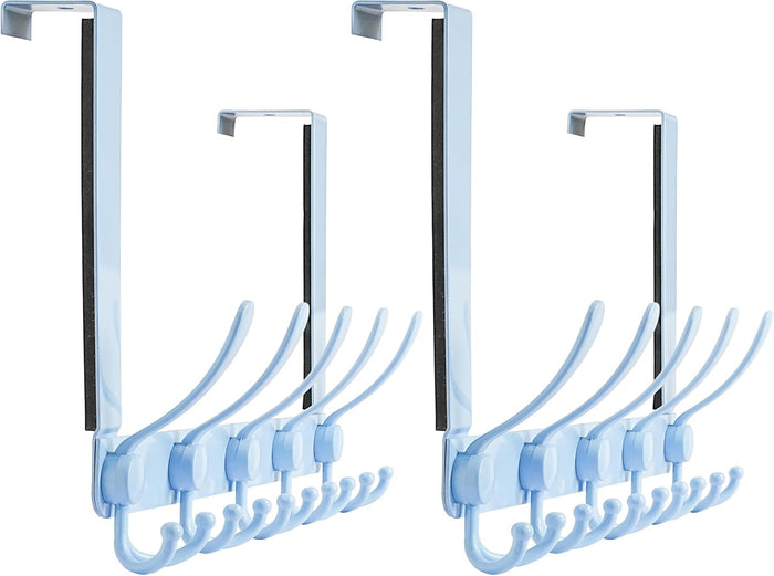 Dseap Over The Door Hook Hanger - Fits 1 3/8" to 1 3/4" Standard Doors | 5 Tri Hooks Heavy Duty Towel/Coat Rack | Door Organizer for Clothes, Jackets, Hats, Towels, Blue, Pack of 2