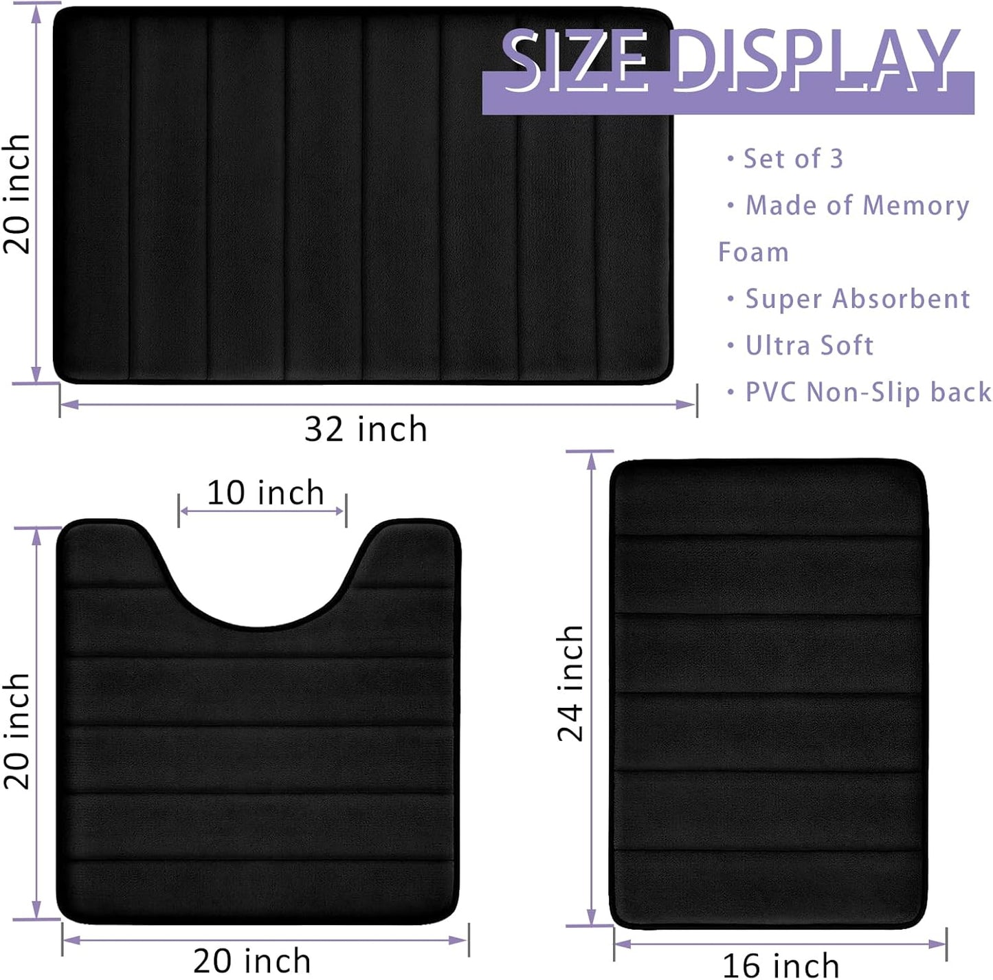 Bathroom Rugs Set Memory Foam Bath Rugs Non-Slip Bath Mat Set 3 Piece,Washable Bathroom Mats,Absorbent Shaggy Rugs Super Soft U-Shaped Toilet Rug,Bahroom Carpets for Bathroom,Tub,Shower（Black）