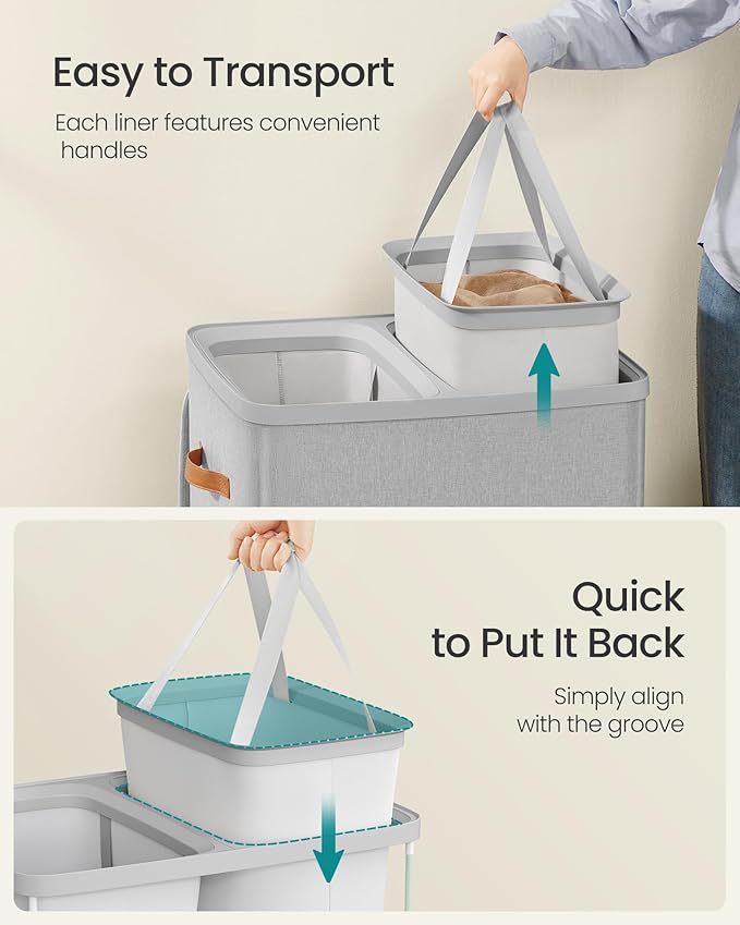 SONGMICS Laundry Basket, 44.9 Gal. Laundry Hamper, 2 Compartments, Easy Assembly - Image 5