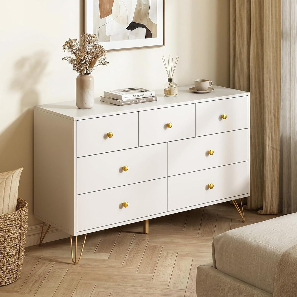 Tradare White Dresser for Bedroom, Modern 7 Drawer Dresser with Gold Handles ...