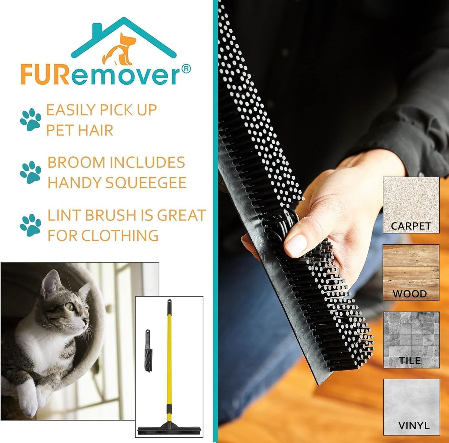 FURemover Pet Hair Removal Rubber Broom, 58" Telescopic Handle with Lint Brush