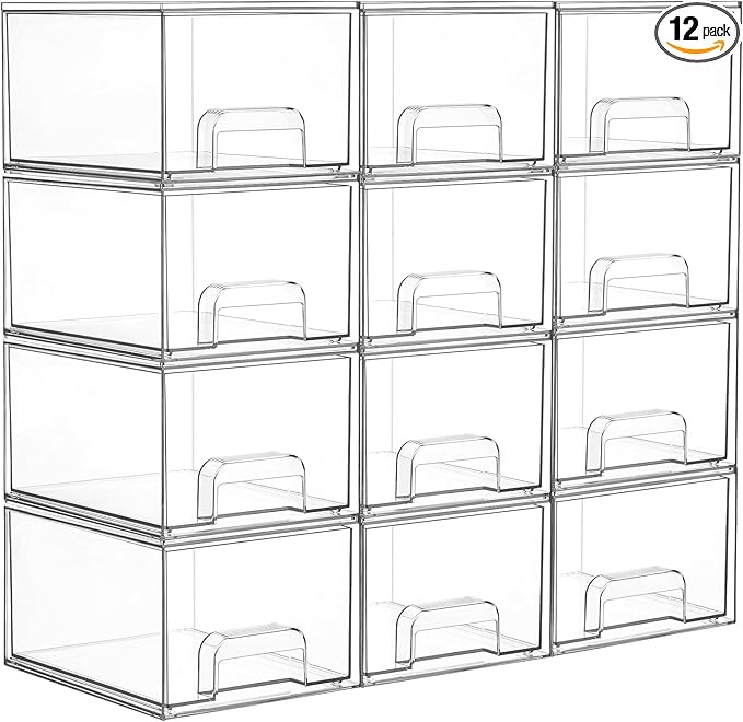 Vtopmart 12 Pack Clear Small Stackable Storage Drawers, Acrylic Bathroom Makeup by Vtopmart