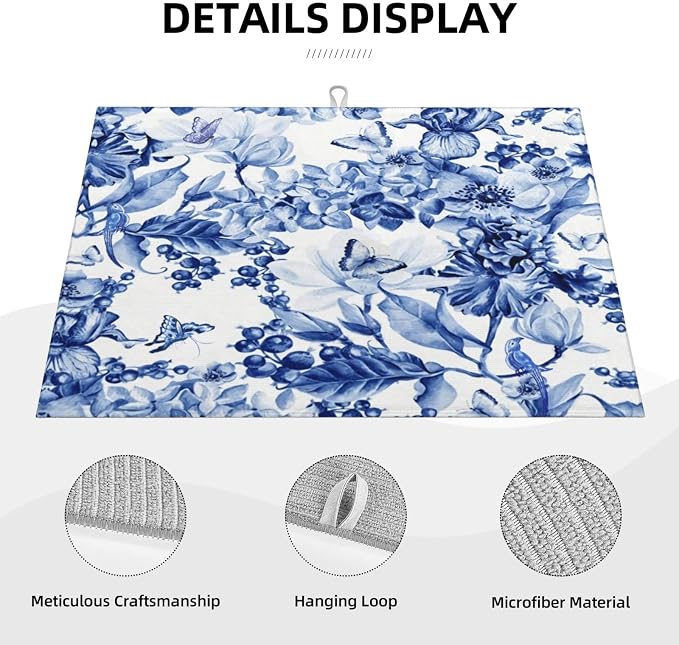 Chinoiserie Blue And White Floral Butterfly Dish Drying Mats - Image 4
