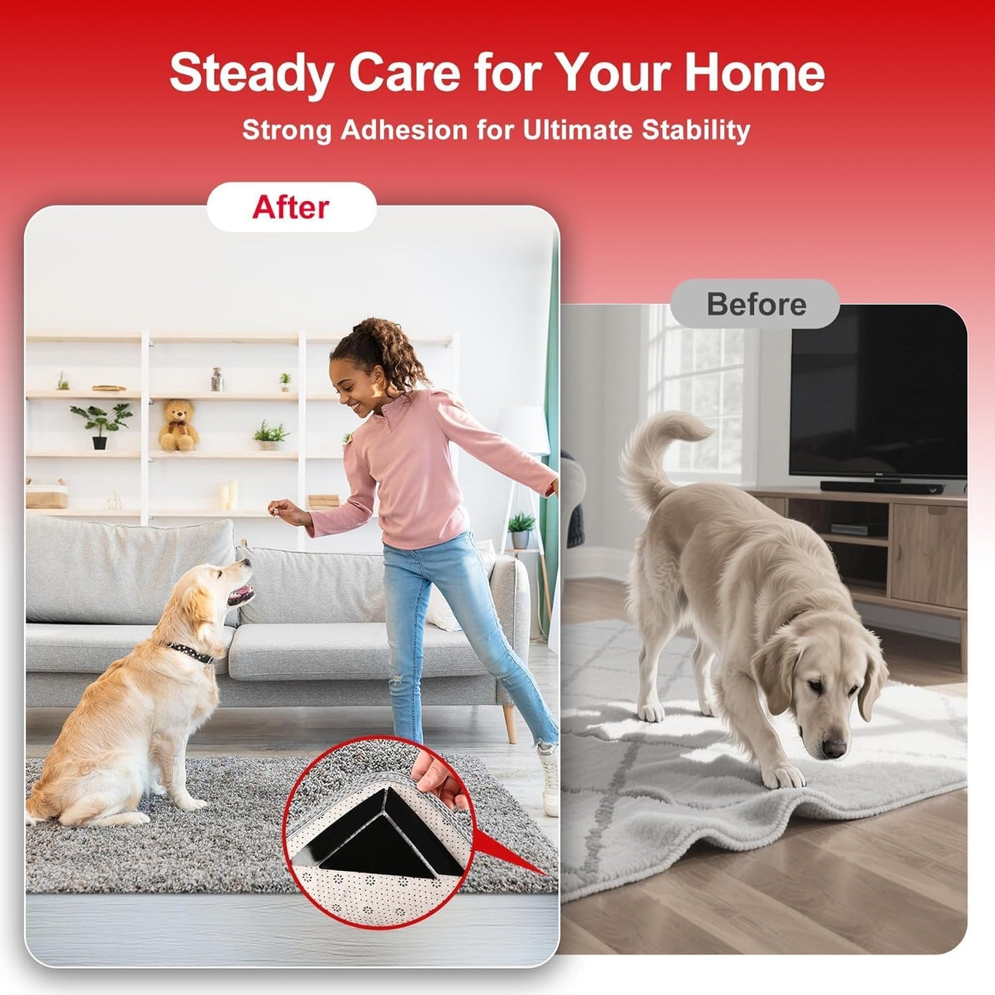 12Pcs Rug Gripper, Double Sided Carpet Tape for Area Rugs, Non Slip Rug Pads Grippers for Hardwood, Tile and Laminate Floors, Rug Corner Grippers for Preventing Curling and Bunching, Black