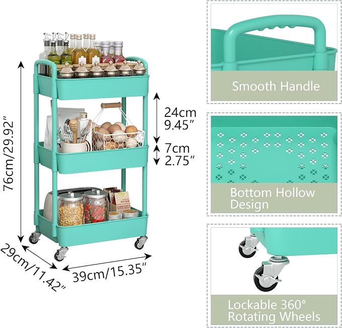 Sywhitta 3-Tier Plastic Rolling Utility Cart - Image 2