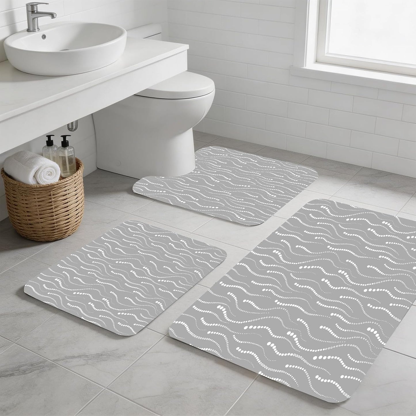 Bath Mat Set of 3, Grey and White Modern Soft & Super Absorbent Quick Dry Shower Mat,Non-Slip Rubber Backed Bottom, Thin Washable Bathroom Rug for Toilet, Tub, Sink, Restroom Decor
