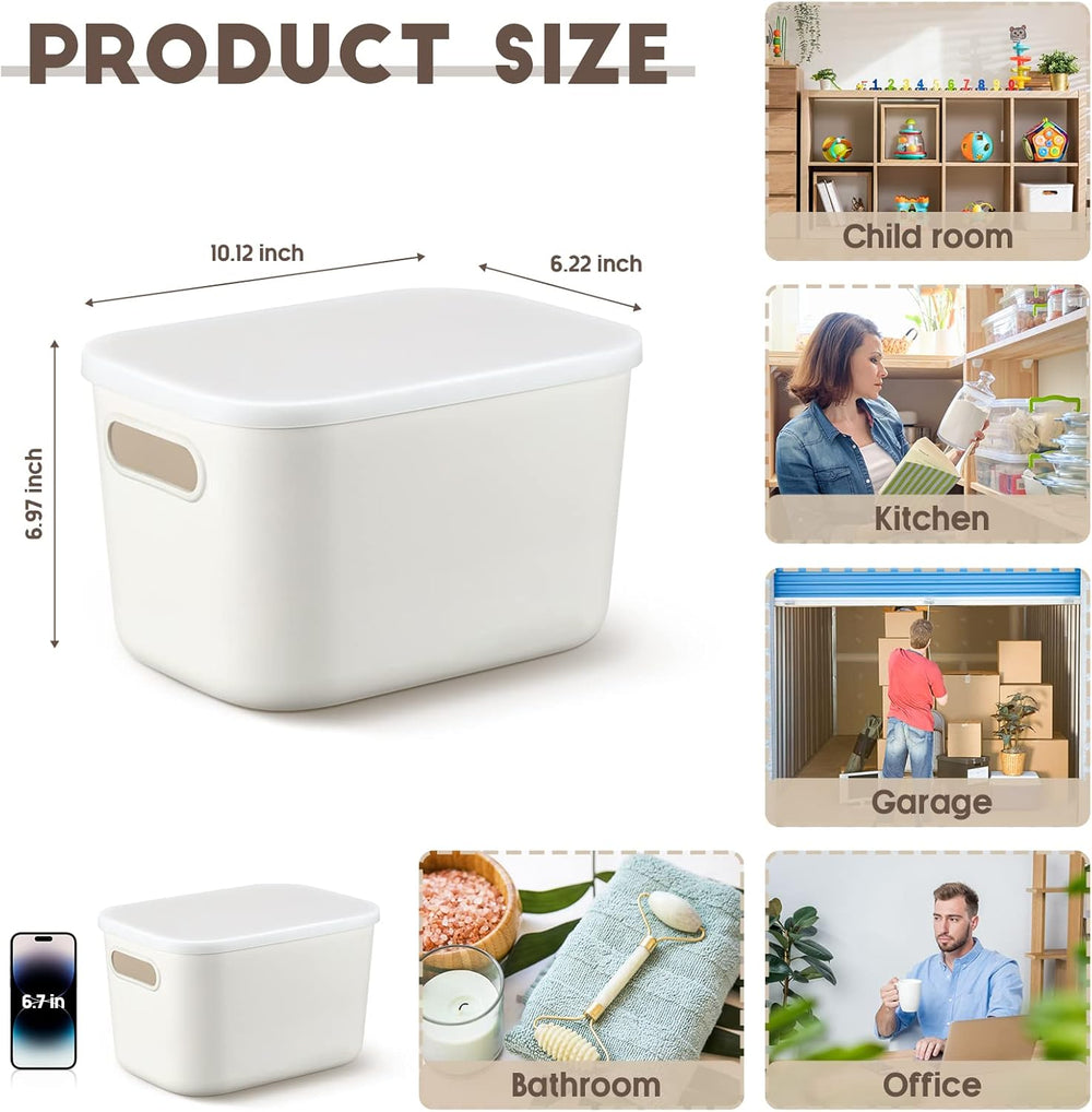 Tuanse 8Pcs White Plastic Storage Bins with Lid, White, 7.3 x 10.2 x 6.5 In