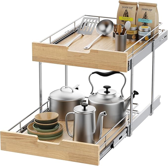 Pull Out Cabinet Organizer, Heavy-Duty Slide Out Shelf, Wood and Wire Basket by SikarouStorageSpecialist
