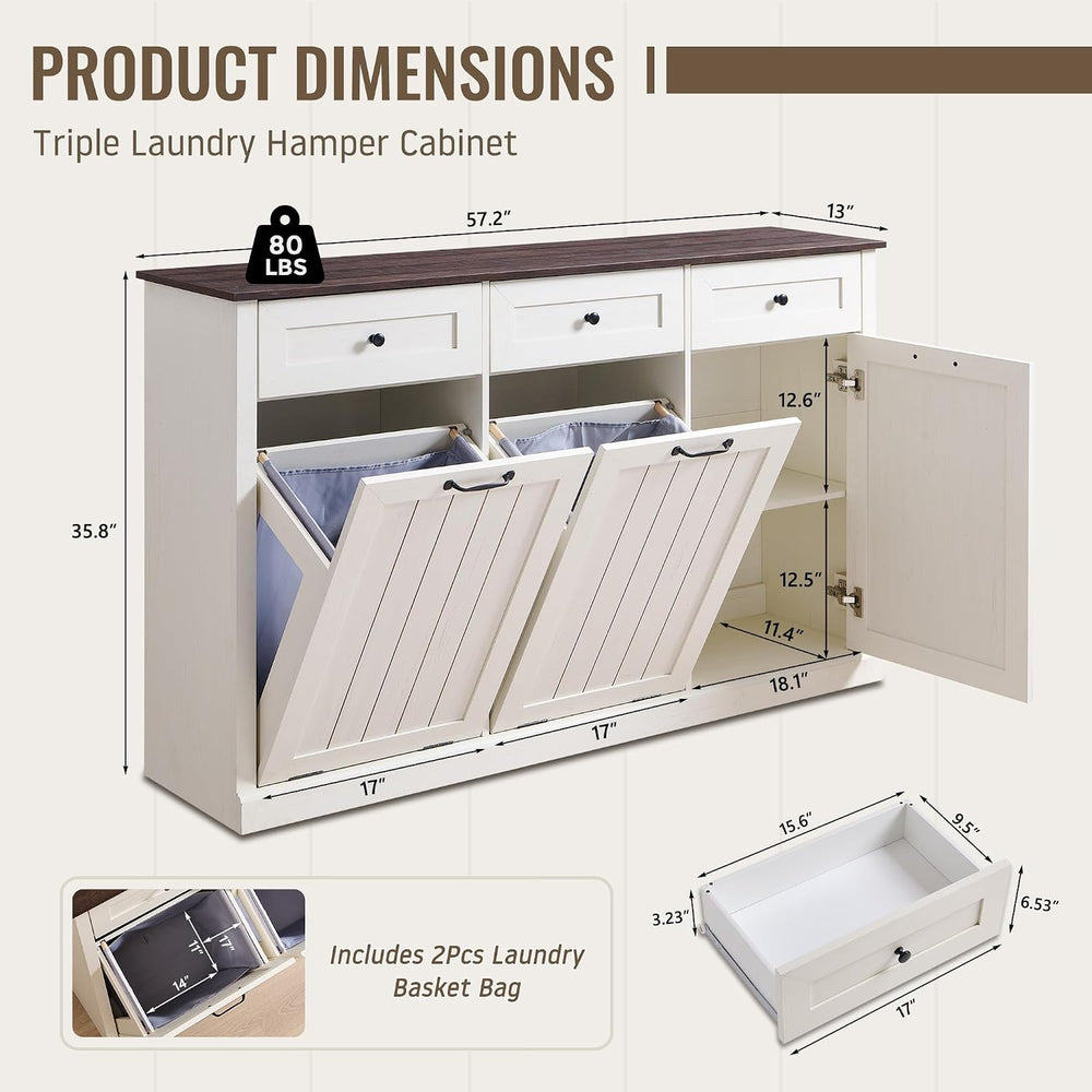IFBUY Triple Tilt Out Laundry Hamper Cabinet, Trash Cabinet, Antique White