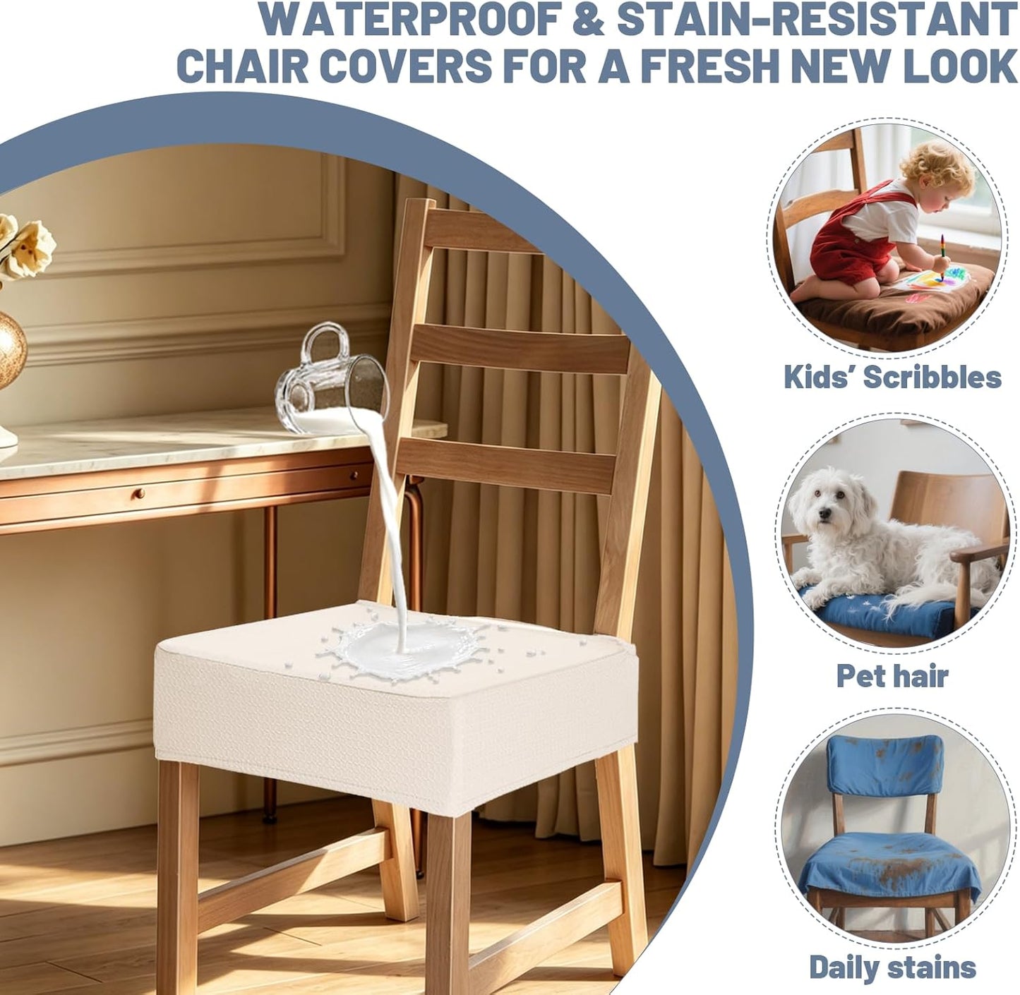 Premium Waterproof Chair Seat Covers Set of 6,Heavyweight Stretch Jacquard Dining Chair Seat Slipcovers, Soft Thick Removable Washable Seat Protectors for Dining Room Kitchen (Beige)