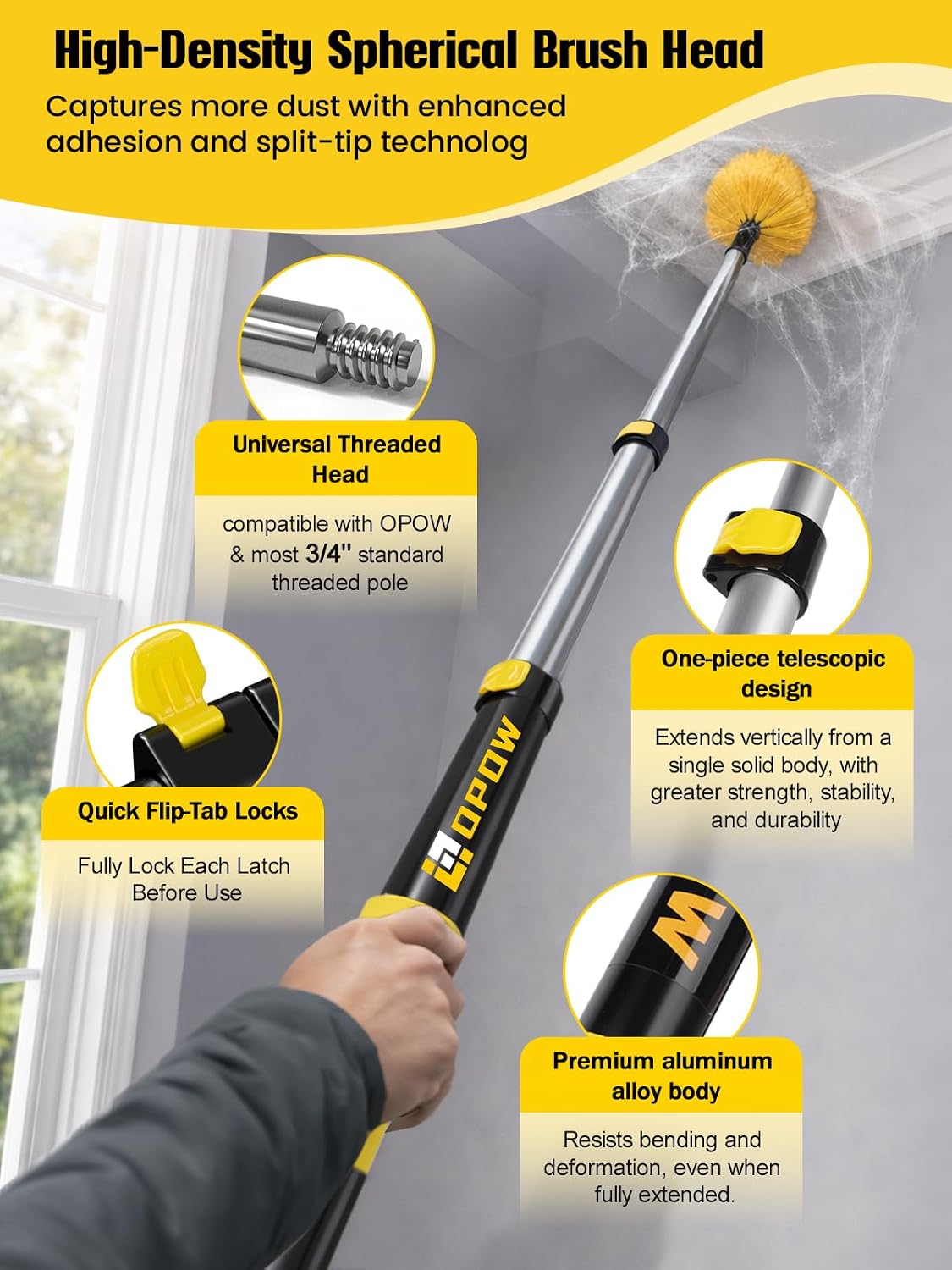 20ft High Reach Cobweb Duster with 5-12ft Extension Pole and 2 Brush Heads | Spider Web Brush with Aluminum Telescopic Pole,Webster Cobweb Duster with Universal Joint,Web Remove Tool for Indoor &Outdoor