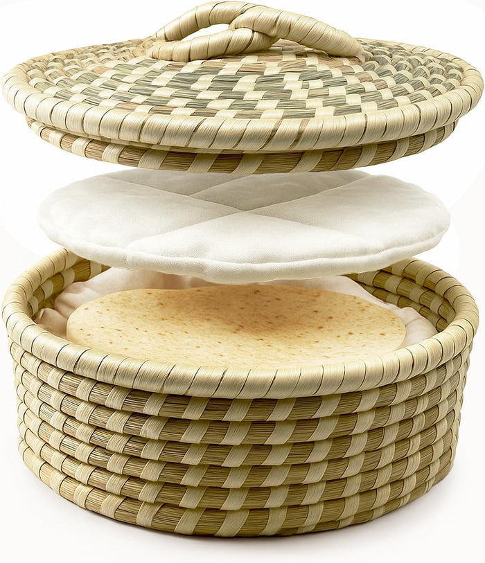Handwoven Seagrass Tortilla Warmer Basket with Lid, 9.6" Breathable Natural Tortilla Holder with 2 Washable Cotton Liners, Boho Farmhouse Style Server for Tortillas, Roti, Pancake & Flatbread