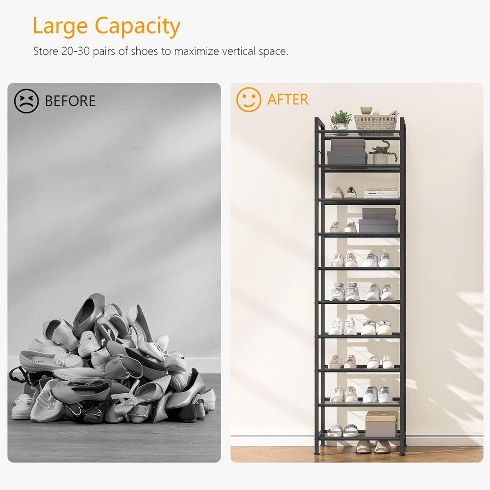 usikey 10 Tiers Narrow Shoe Rack 20-30 Pairs, Sturdy Metal Tall Shoe Rack She...